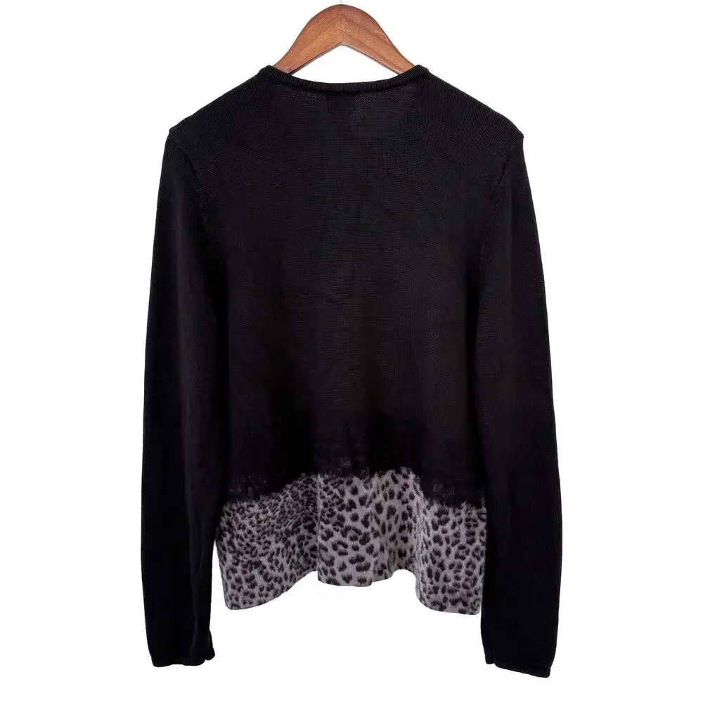 Chico’s Zip Front Cardigan Womens 2 L Black Gray Leopard Print Knit Sweater